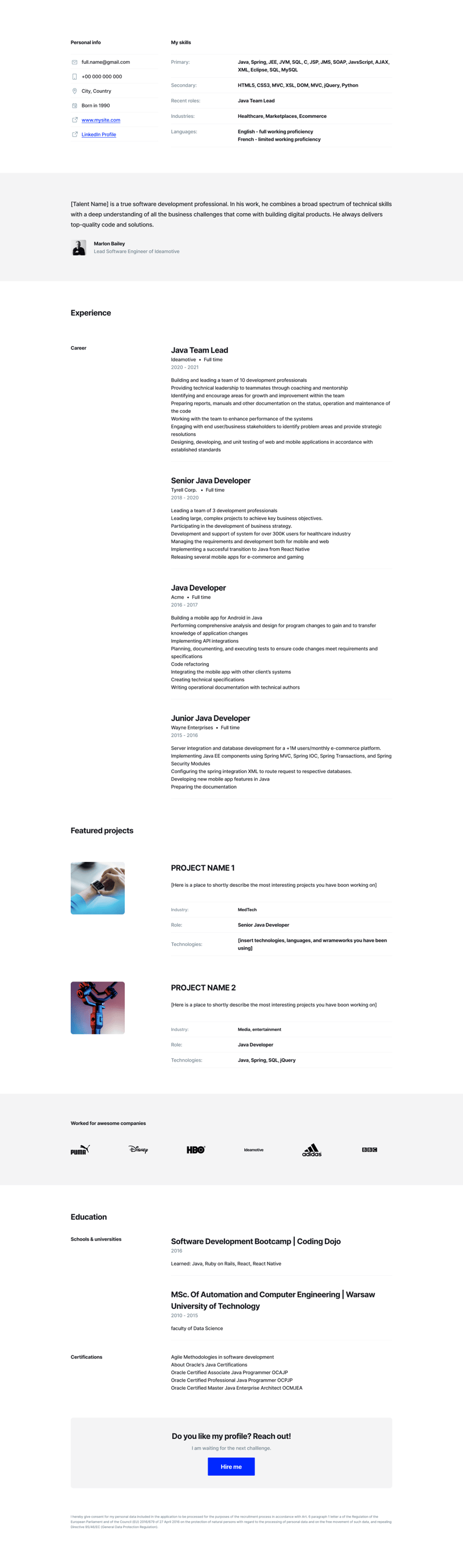 Free Java Developer Resume Template